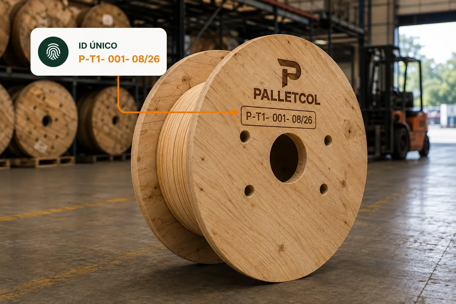 Carrete PALLETCOL con identificación única P-T1-001-08/26 estampada en la brida